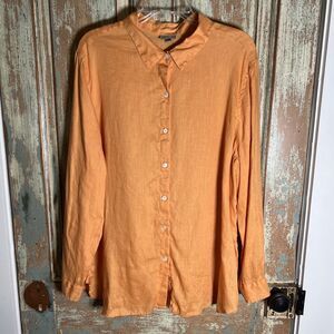 J Jill 100% Linen Orange Blouse Women’s XL Button Down Long Sleeve Collared
